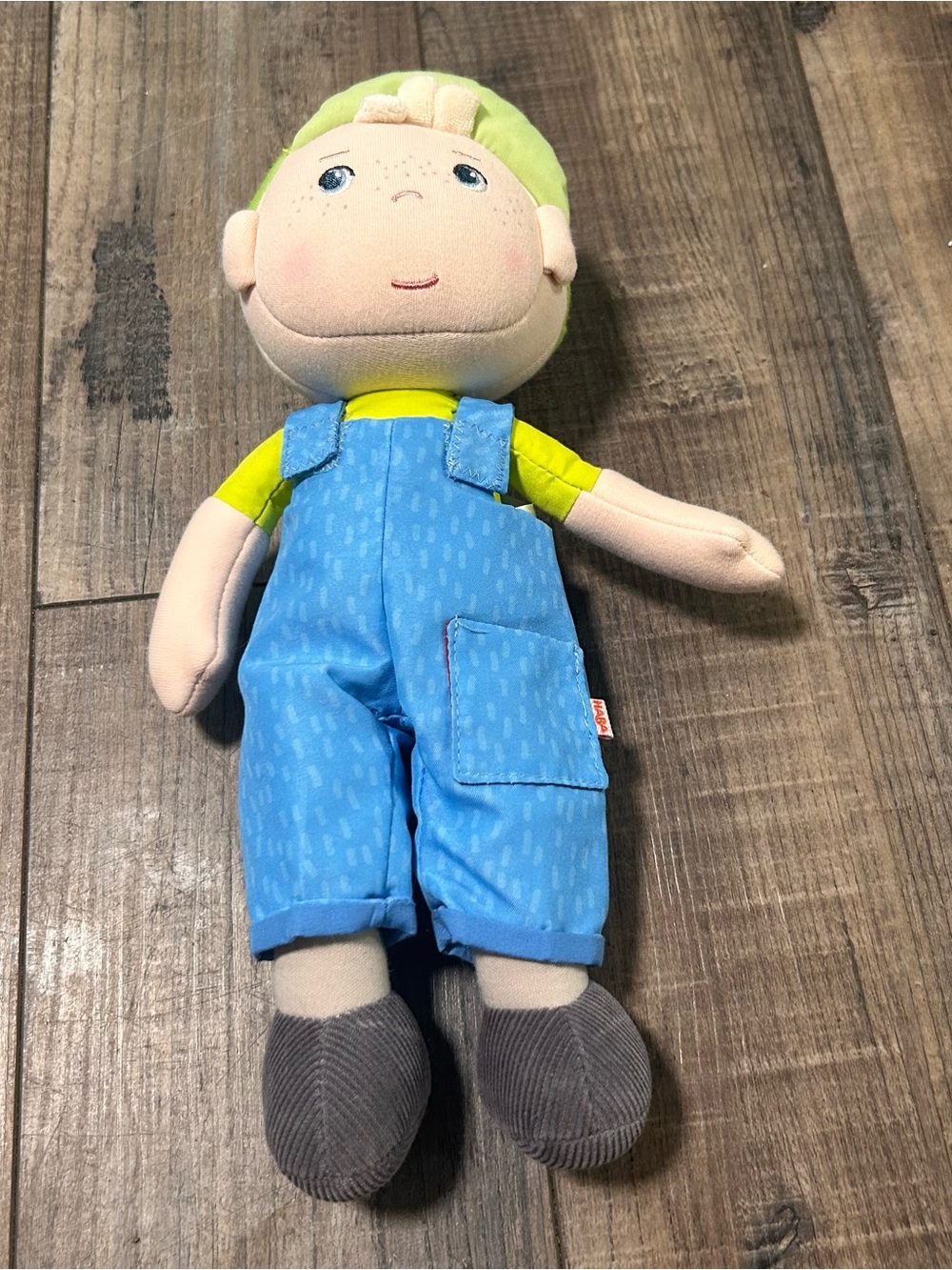 Haba German Snug Up Til Cute Boy in Blue Overalls Green Hat Embroidered Face 11”